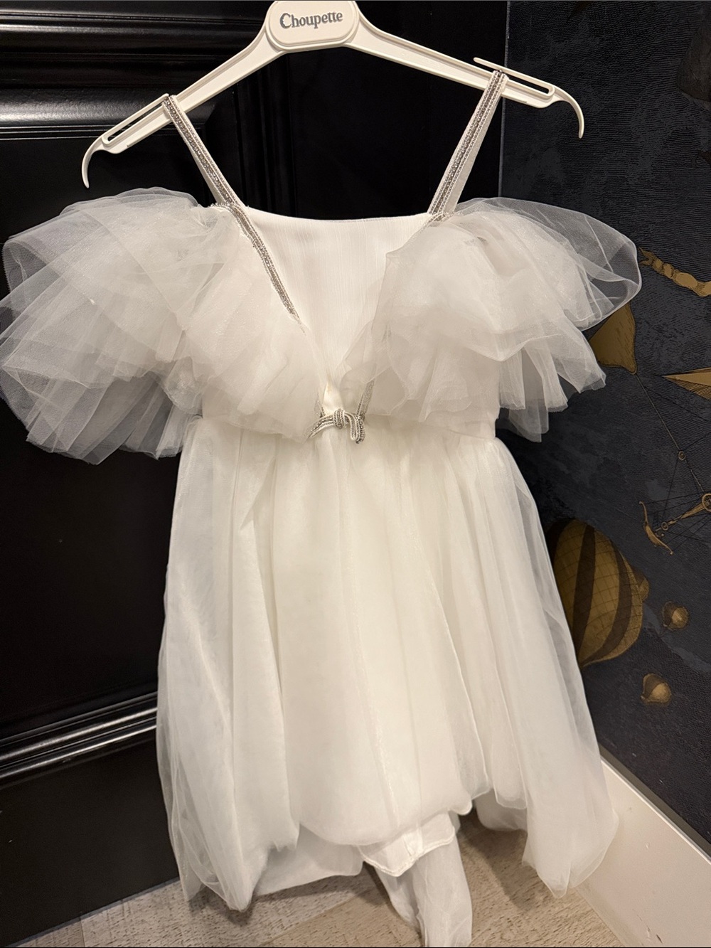 White Tulle Flower Girl Off-Shoulder Party Dress for Kids